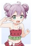  1girl :d ahoge bangs bare_arms bare_shoulders bikini bikini_skirt bow collarbone commentary_request double_bun eyebrows_visible_through_hair food-themed_clothes frilled_bikini frills green_eyes hair_between_eyes hand_up highres manaka_lala navel open_mouth pretty_(series) pripara purple_hair red_bikini smile solo swimsuit v_over_eye white_bow yukie_(kusaka_shi) 