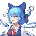  1girl bangs blue_bow blue_dress blue_eyes blue_hair bow bubble cirno collar dress eyebrows_visible_through_hair eyes_visible_through_hair fairy hair_between_eyes highres ice ice_wings looking_at_viewer mouma open_mouth puffy_short_sleeves puffy_sleeves red_bow red_neckwear shirt short_hair short_sleeves simple_background smile solo touhou upper_body white_background white_collar white_shirt white_sleeves wings 