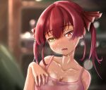  1girl arm_up bangs blurry blurry_background blush breasts breath cleavage collarbone eyebrows_visible_through_hair fingernails hair_ornament hand_on_own_chest head_tilt heterochromia highres hololive houshou_marine open_mouth pink_tank_top red_hair sweat tank_top twintails type-80 virtual_youtuber wet 