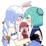  3girls animal_ear_fluff animal_ears black_gloves blue_hair blush braid bunny_ears commentary extra_ears eye_contact face-to-face fang gloves green_hair hair_ornament hololive houshou_marine leotard long_hair looking_at_another multicolored_hair multiple_girls navel open_mouth rabbit_girl red_eyes red_hair sakana_(saka11205) sheer_leotard shirt skull_hair_ornament sleeveless sleeveless_shirt sweat symbol_commentary twin_braids twintails two-tone_hair uruha_rushia usada_pekora virtual_youtuber white_gloves white_hair yuri 