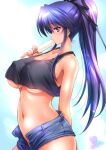  1girl arm_behind_back artist_name bare_shoulders black_ribbon breasts cleavage covered_nipples dated eating eyebrows_visible_through_hair food from_side hair_between_eyes highres kamogawa_tanuki large_breasts long_hair looking_at_viewer midriff navel original ponytail popsicle purple_eyes purple_hair ribbon short_shorts shorts sidelocks sideways_glance solo sweat tank_top twitter_username unbuttoned_shorts underboob 