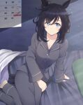  1girl animal_ears bed black_hair blue_eyes blush breasts calendar_(object) cleavage collarbone commentary_request eishin_flash_(umamusume) horse_ears horse_girl horse_tail hoshino_ouka looking_at_viewer medium_breasts medium_hair pajamas sitting smile solo tail umamusume 