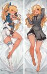  1girl ahoge ass bare_legs barefoot bed_sheet black_gloves black_ribbon blonde_hair blush bow breasts butt_crack checkered chinese_clothes closed_mouth clothing_cutout dakimakura_(medium) dark-skinned_female dark_skin dress elf full_body gloves grey_dress hair_bow highres hololive lack long_hair long_sleeves looking_at_viewer lying medium_breasts multicolored_hair multiple_views neck_ribbon non-web_source official_alternate_costume official_art on_back on_side open_mouth pinstripe_dress pinstripe_pattern pointy_ears ponytail red_eyes ribbon sailor_collar shiranui_flare short_dress shoulder_cutout sideboob single_thighhigh smile streaked_hair striped thighhighs thighs two-tone_hair vertical-striped_dress vertical_stripes virtual_youtuber white_hair white_legwear 