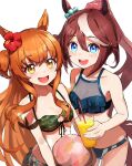  2girls agentpuppyone animal_ears blue_eyes blush collarbone drink flower hair_flower hair_ornament highres horse_ears horse_girl long_hair looking_at_viewer mayano_top_gun_(umamusume) multiple_girls open_mouth orange_hair ponytail simple_background swimsuit tokai_teio_(umamusume) umamusume white_background 