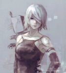  1girl android armlet black_gloves collarbone commentary_request elbow_gloves eyebrows_visible_through_hair gloves grey_eyes joints mole mole_under_mouth muraicchi_(momocchi) nier_(series) nier_automata one_eye_covered pink_lips pod_(nier_automata) robot_joints short_hair tank_top white_hair yorha_type_a_no._2 