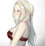  1340smile 1girl absurdres bra breasts commentary edelgard_von_hresvelg english_commentary fire_emblem fire_emblem:_three_houses hair_tie hand_on_own_arm highres long_hair looking_to_the_side medium_breasts purple_eyes red_bra standing underwear upper_body watermark white_background white_hair 