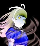  1girl alice_(megami_tensei) bangs blonde_hair blue_dress dress hair_ribbon hairband highres long_hair mak_neutral mary_janes puffy_sleeves ribbon shin_megami_tensei shin_megami_tensei_v shoes smile solo yellow_eyes 