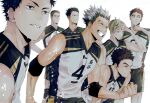  6+boys akaashi_keiji black_hair blonde_hair bokuto_koutarou brown_hair clenched_hand elbow_pads eyebrows grey_hair grin haikyuu!! jersey komi_haruki konoha_akinori looking_to_the_side male_focus multicolored_hair multiple_boys onaga_wataru sarukui_yamato shirt short_hair shorts sleeveless sleeveless_shirt smile sportswear teeth toned toned_male two-tone_hair ummm_mmma volleyball_uniform washio_tatsuki yellow_eyes 