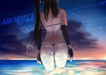 1girl absurdres architect_(girls&#039;_frontline) ass back bare_shoulders bikini black_bikini black_gloves black_hair character_name elbow_gloves fingerless_gloves from_behind girls&#039;_frontline gloves highres long_hair night night_sky partially_submerged radish_p side_ponytail sky standing swimsuit thighs thong water wrist_cuffs 