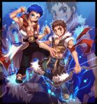  2boys armband bangs black_pants blue_eyes blue_hair blush bow_(weapon) brown_eyes brown_footwear brown_hair brown_shirt brown_shorts champion_(ragnarok_online) championship_belt clenched_hand closed_eyes coat commentary_request crop_top emon-yu full_body fur-trimmed_shirt fur-trimmed_shorts fur_trim grey_pants grin holding holding_bow_(weapon) holding_weapon hooded_coat male_focus midriff multiple_boys open_clothes open_coat open_mouth pants pants_under_shorts ragnarok_online shirt shoes short_hair shorts sleeveless sleeveless_coat sleeveless_shirt smile sniper_(ragnarok_online) toned toned_male two-tone_shirt weapon white_coat zoom_layer 