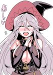  1girl blush breasts character_request cleavage closed_eyes grey_hair hat large_breasts long_hair open_mouth simple_background smile solo tukiwani white_background witch_hat 