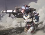  1girl adapted_costume ahoge armor black_bodysuit blue_hair bodysuit ganyu_(genshin_impact) genshin_impact goat_horns halo:_reach halo_(game) highres horns long_hair low_ponytail m41_spnkr power_armor power_suit ritskyz rocket_launcher solo spartan_(halo) standing weapon 