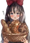 1girl :o baguette bangs basket black_hair blush bow bread closed_mouth commentary_request croissant english_text eyebrows_visible_through_hair food grey_eyes hair_bow highres holding holding_basket kiki long_hair looking_at_viewer majo_no_takkyuubin open_mouth pretzel red_bow saya_(mychristian2) signature simple_background solo translation_request upper_body white_background 