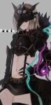  1boy akitama2727 arrow_(projectile) bangs black_gloves black_legwear brown_hair closed_mouth gauntlets gloves glowing gretel_(sinoalice) grey_background hair_between_eyes hand_on_hip highres long_sleeves looking_at_viewer mask navel short_hair simple_background sinoalice smile solo thighhighs 