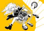  1girl absurdres animal_ears breaking breasts fur-trimmed_jacket fur_trim greyscale highres hololive jacket kazuma_muramasa large_breasts lion_ears lion_tail long_hair monochrome riding shishiro_botan shopping_cart single_thighhigh sweat tail thighhighs trials_(series) trials_rising virtual_youtuber wheel yellow_background 