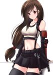  1girl absurdres belt brown_hair earrings final_fantasy final_fantasy_vii final_fantasy_vii_remake gloves highres jewelry long_hair looking_to_the_side midriff navel pose red_eyes sawwei005 shirt simple_background skirt solo sports_bra thighhighs tied_hair tifa_lockhart white_background white_shirt 