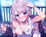  aliasing blush bow bra braids choker close cropped cut_(bu-kunn) long_hair nipple_slip nipples original purple_eyes purple_hair rain see_through twintails underwear undressing water wet wristwear 