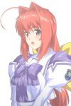  1girl :d ahoge bangs bow bowtie commentary_request eyebrows_visible_through_hair hair_bow hair_intakes juliet_sleeves kagami_sumika long_hair long_sleeves looking_at_viewer low_ponytail muvluv open_mouth otoo_(izanagi) puffy_sleeves purple_bow purple_neckwear red_eyes red_hair school_uniform serafuku shiny shiny_clothes shiny_hair sidelocks sideways_glance simple_background smile solo upper_body white_background yellow_bow 