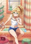  1girl bangs bar_soap bath_stool bathtub bespectacled blonde_hair braid breasts brushing_teeth dolphin_shorts fate/apocrypha fate_(series) french_braid glasses green_eyes hair_ornament hair_scrunchie highres jewelry long_hair looking_at_viewer midriff mordred_(fate) mordred_(fate)_(all) navel necklace parted_bangs pendant ponytail revision scrunchie shampoo_bottle shorts sidelocks sitting small_breasts solo stool tonee toothbrush_in_mouth 