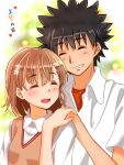  1boy 1girl :d bangs black_hair blurry blurry_background blush bob_cut breasts brown_hair brown_sweater_vest closed_mouth commentary couple dress_shirt flower green_background grin hair_flower hair_ornament hair_strand hairclip heart height_difference holding_hands kamijou_touma misaka_mikoto morimiko_(railgun-mikoto-0502) open_mouth orange_shirt raised_eyebrows school_uniform shirt short_hair small_breasts smile spiked_hair toaru_kagaku_no_railgun toaru_majutsu_no_index tokiwadai_school_uniform translated undershirt upper_body white_flower white_shirt 