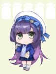  1girl alternate_costume bangs barcode_scanner blue_hairband blue_shirt blue_skirt chibi employee_uniform eyebrows_visible_through_hair gradient_hair green_eyes hairband hat kantai_collection lawson long_hair long_sleeves matsuwa_(kancolle) multicolored_hair picoli1313 pleated_skirt purple_hair shirt simple_background skirt smile socks solo striped striped_shirt uniform white_headwear white_legwear 