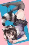  1girl animal_ears ascot ass bare_arms black_eyes black_hair black_legwear cellphone closed_mouth common_raccoon_(kemono_friends) earphones extra_ears eyebrows_visible_through_hair fingernails flat_ass full_body fur_collar hair_between_eyes highres holding holding_phone kemono_friends looking_at_object medium_hair microskirt nanana_(nanana_iz) no_panties no_shoes phone pleated_skirt raccoon_ears raccoon_girl raccoon_tail short_sleeves sidelocks skirt smartphone solo sweatshirt tail thighhighs top-down_bottom-up tsurime upside-down 