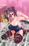  1girl bangs black_hair black_legwear blush breasts bust_cup cameltoe formica_(vtuber) formica_kawaii from_above hair_between_eyes hair_ribbon head_tilt huge_breasts kneeling looking_at_viewer lotion lotion_bottle lotion_play mat_play mole mole_on_breast mole_under_mouth multicolored_hair one-piece_swimsuit paw_pose purple_eyes red_hair red_legwear red_ribbon ribbon school_swimsuit sexually_suggestive sharp_teeth short_twintails skindentation soapland solo streaked_hair striped striped_legwear suggestive_fluid swimsuit teeth thighhighs tile_wall tiles twintails two-tone_legwear v-shaped_eyebrows virtual_anto_channel virtual_youtuber wet wet_clothes wet_swimsuit 