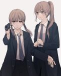 2girls bangs black_jacket black_neckwear black_pants brown_eyes brown_hair closed_mouth collared_shirt commentary_request eyebrows_visible_through_hair grey_background gun half-closed_eyes handgun highres holding holding_gun holding_weapon jacket long_hair low_twintails multiple_girls necktie open_clothes open_jacket original pants parted_lips pistol ponytail shirt simple_background tsuruse twintails weapon weapon_request white_shirt 