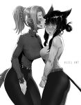  2girls animal_ear_fluff animal_ears artist_name au_ra blush braid breasts cat_ears cat_tail closed_eyes closed_mouth commission eyebrows_visible_through_hair final_fantasy final_fantasy_xiv forehead_kiss hair_bun hatching_(texture) highres horns kiss long_hair miqo&#039;te miu_(dumbxaela) multiple_girls ponytail scales simple_background tail turtleneck uliel white_background yuri 