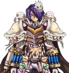  1boy armor bangs breastplate closed_mouth commentary_request cowboy_shot emon-yu flask garter_straps genetic_(ragnarok_online) hair_between_eyes hair_over_one_eye living_clothes looking_at_viewer mask mask_on_head midriff pants purple_hair ragnarok_online round-bottom_flask short_hair simple_background smile solo teeth vial white_background white_pants yellow_eyes 