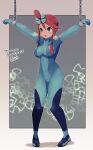  1girl bdsm blue_bodysuit blue_eyes blush bodysuit bondage bound chained_wrists cosplay full_body hair_ornament hands_up highres lamb-oic029 looking_at_viewer open_mouth pigeon-toed pokemon pokemon_(game) pokemon_bw red_hair samus_aran samus_aran_(cosplay) short_hair_with_long_locks sidelocks signature skyla_(pokemon) solo thank_you topknot zero_suit 