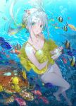  1girl aqua_eyes bare_legs barefoot blush bubble camisole clownfish dsmile fish floating_hair hair_ribbon jellyfish looking_at_viewer moorish_idol original panties parted_lips regal_blue_tang ribbon silver_hair solo surgeonfish turtle underwater underwear white_panties yellow_camisole yellow_ribbon yellow_tang 