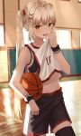  1girl :d ball bangs basketball basketball_uniform black_legwear black_shorts blonde_hair brown_eyes gym gym_shorts hair_ornament hairclip highres holding holding_ball midriff navel open_mouth original ruda_(ruda_e) scrunchie shirt shorts sleeveless sleeveless_shirt smile solo sportswear thighhighs twintails upper_teeth wristband 