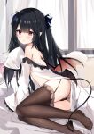  1girl :o absurdres ass bangs black_hair black_legwear blush bow demon_tail demon_wings eyebrows_visible_through_hair from_side fuyuki030 garter_straps hair_bow hair_ornament hand_up highres indoors long_hair long_sleeves looking_at_viewer looking_to_the_side off_shoulder original parted_lips pointy_ears purple_eyes solo tail thighhighs thighs wings 