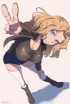 1girl absurdres blonde_hair blue_eyes blush boots breasts brown_footwear brown_tank_top clothes_lift denim denim_shorts girls_und_panzer hair_intakes hand_on_own_knee hanging_breasts highres kay_(girls_und_panzer) large_breasts leaning_forward long_hair looking_at_viewer saunders_military_uniform shadow shirt_lift short_shorts shorts smile solo takefu_jiin tank_top twitter_username v white_background white_legwear 