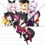  6+girls animal_ears black_hair breasts closed_mouth dress ejami fox_ears fox_girl fox_tail gen_1_pokemon long_hair looking_at_viewer multiple_girls open_mouth pikachu pokemon sample simple_background smile tail thighhighs white_background 