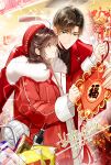 1boy 1girl :d artem_wing_(tears_of_themis) artist_name bangs beret brown_eyes brown_hair chinese_new_year closed_mouth coat green_eyes hat holding long_hair long_sleeves open_mouth red_coat red_headwear rosa_(tears_of_themis) short_hair smile tears_of_themis yookaiharuka 