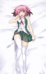  1girl bangs bed_sheet blush breasts brown_hair colored_tips eyebrows_visible_through_hair fang green_skirt hair_between_eyes highres kantai_collection kunashiri_(kancolle) lying medium_breasts medium_hair multicolored_hair navel on_back open_mouth orange_eyes picoli1313 pink_hair pleated_skirt shirt skin_fang skirt sleeveless sleeveless_shirt solo thighhighs two_side_up white_legwear 