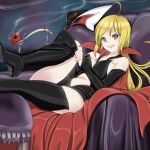  1girl ahoge black_footwear blonde_hair boots cape detached_sleeves fangs hair_between_eyes high_heel_boots high_heels long_hair looking_at_viewer lying on_back original red_cape red_eyes slit_pupils smile solo thigh_boots thighhighs vampire yozora 