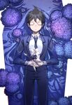  1boy absurdres ahoge black_hair black_neckwear black_pants blue_flower brown_hair closed_eyes closed_mouth collared_shirt commentary_request corpse cowboy_shot danganronpa_(series) danganronpa_3_(anime) flower grey_shirt hands_on_own_stomach highres hinata_hajime hydrangea long_sleeves lying male_focus necktie on_back pants partially_submerged shiny shiny_hair shirt short_hair solo water white_flower ziling 