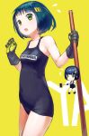  1girl :o absurdres armpits blue_hair bob_cut broom eyebrows_visible_through_hair gloves green_eyes highres name_tag one-piece_swimsuit open_mouth original school_swimsuit short_hair solo standing swimsuit thighs yellow_background zhongye_yu 