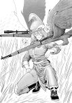  1girl breasts closed_eyes eyeball feathered_wings floating_eye greyscale gun hat hatching_(texture) highres medium_breasts military military_uniform monochrome original rifle short_hair solo uniform weapon white_hair wings witch witch_hat y_naf 