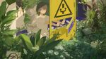  2girls bangs blindfold brown_hair bust_(sculpture) dress flower from_behind hair_ornament hairclip highres long_hair multiple_girls open_hands original outstretched_hand overgrown plant scenery shadow short_hair short_sleeves sign sink twintails white_dress xilmo 