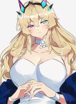  1girl blonde_hair blush breasts cleavage dress fairy_knight_gawain_(fate) fate/grand_order fate_(series) flower hands_together heterochromia ho08sena large_breasts long_hair looking_away white_dress 