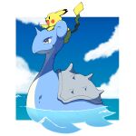  absurdres afloat border closed_mouth cloud commentary_request day from_side gen_1_pokemon grey_eyes highres lapras no_humans on_head outdoors outside_border pikachu pokemon pokemon_(creature) pokemon_on_head sasaki_sue sky smile water white_border 