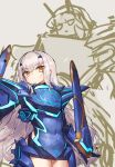  2girls arm_blade armor bangs blue_armor breastplate dual_wielding eyebrows_visible_through_hair fairy_knight_gawain_(fate) fairy_knight_lancelot_(fate) fate/grand_order fate_(series) hair_ornament highres holding long_hair looking_at_viewer melon22 multiple_girls pauldrons shoulder_armor silver_hair simple_background thighs weapon yellow_eyes 