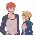  1boy 1girl artoria_pendragon_(all) blonde_hair dress emiya_shirou eyebrows_visible_through_hair fate/stay_night fate_(series) green_eyes hair_bun hand_on_hip highres kulissara-aung long_sleeves looking_at_another open_clothes orange_hair saber simple_background teeth tongue upper_body white_background yellow_eyes 