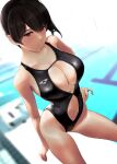  1girl black_hair black_swimsuit blurry blurry_background blush breasts brown_eyes cleavage cleavage_cutout closed_mouth clothing_cutout collarbone commentary_request hand_on_hip highres kaga_(kancolle) kantai_collection large_breasts looking_at_viewer medium_hair navel navel_cutout one-piece_swimsuit pool side_ponytail solo swimsuit wa_(genryusui) 