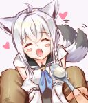  1girl ahoge animal_ears bangs between_legs blue_neckwear blush braid breasts chitose_tomo cleavage closed_eyes commentary_request detached_sleeves eyebrows_visible_through_hair feeding fox_ears fox_girl fox_tail hair_between_eyes heart holding holding_spoon hololive hood hoodie looking_at_viewer motion_lines neckerchief open_mouth pov pov_hands shirakami_fubuki sidelocks signature simple_background single_braid spoon tail tail_wagging virtual_youtuber white_background white_hair white_hoodie 