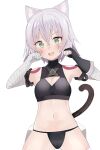  1girl absurdres animal_ears bandages bangs bare_shoulders black_panties blush breasts cat_ears cat_tail chorome1122 cleavage_cutout clothing_cutout eyebrows_visible_through_hair fate/apocrypha fate/grand_order fate_(series) green_eyes highres jack_the_ripper_(fate/apocrypha) looking_at_viewer lowleg lowleg_panties navel open_mouth panties scar scar_across_eye scar_on_cheek scar_on_face short_hair shoulder_tattoo silver_hair small_breasts smile solo tail tattoo underwear 